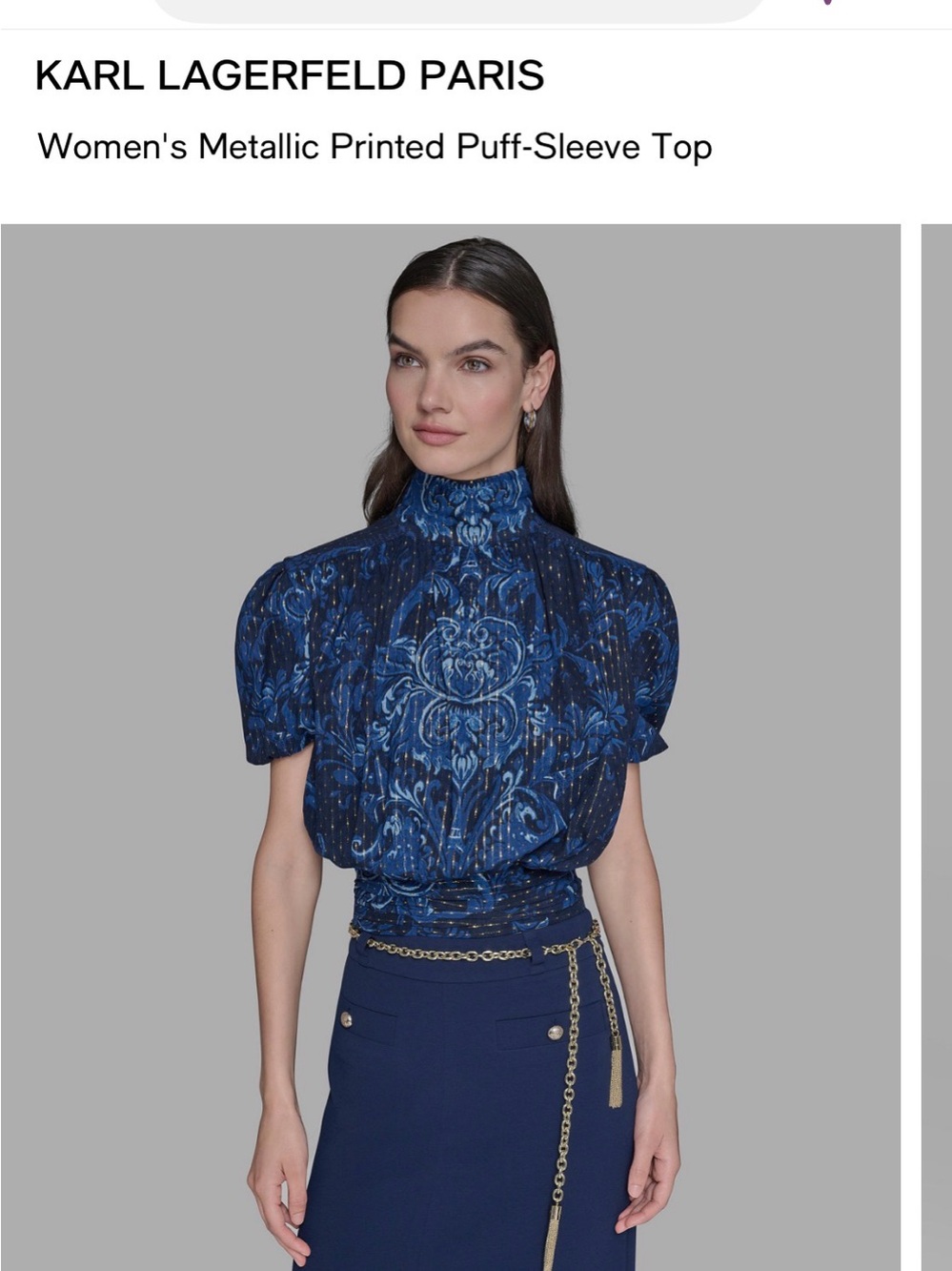 ❌Sold❌ Karl Lagerfeld Blue Metallic Printed High-Neck Puff Sleeve Top